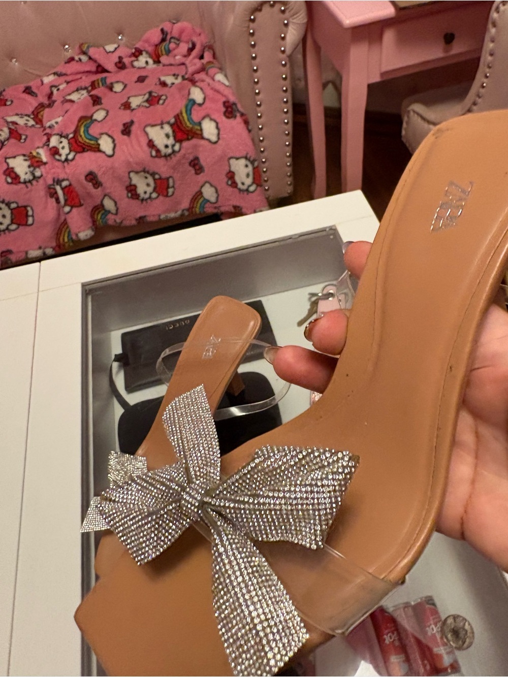 Zara Tan Clear Slide Heels with Silver Crystal Bow